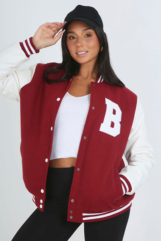Burgundy Contrast Sleeve Varsity Style Jacket
