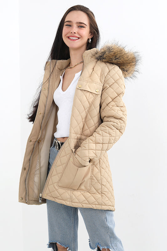 Stone Diamond Quilted Faux Fur Hooded Jacket