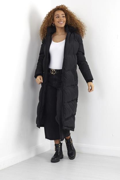 Black Longline Padded Fur Trim Hooded Coat