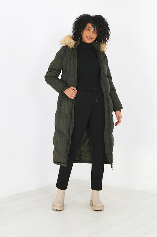 Khaki Longline Faux Fur Hood Padded Jacket