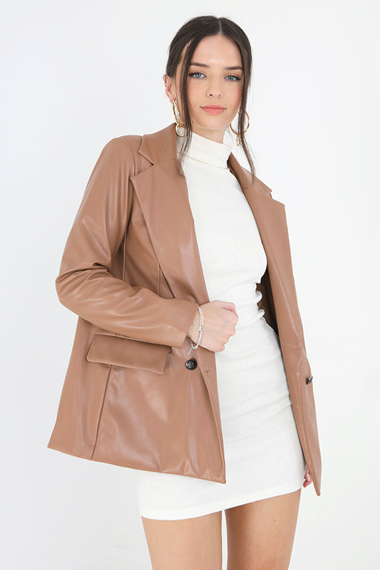 Light Tan Double Breasted Faux Leather Blazer