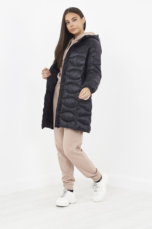 Black Zip Through Hooded Long Onion Quilted Jacket