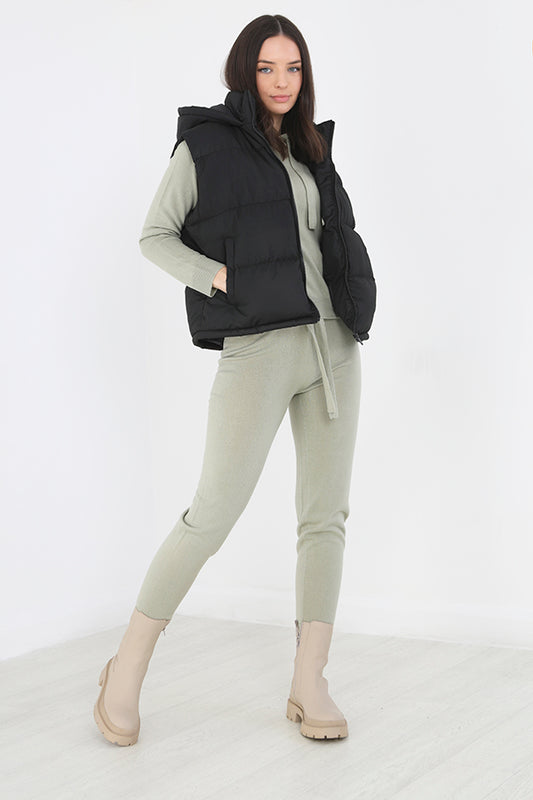 Black Cropped Microfibre Hooded Padded Gilet
