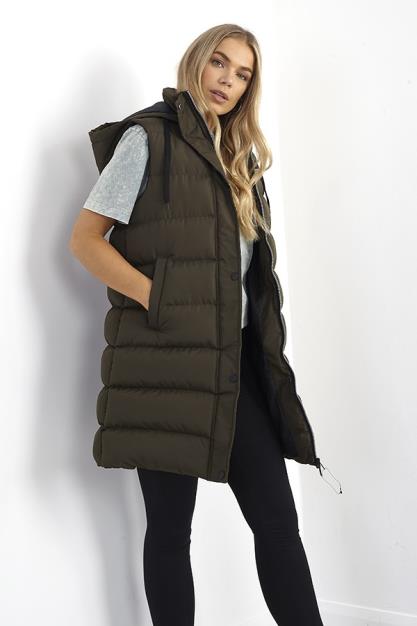 Black Longline Fixed Hood Zip Through Puffer Gilet