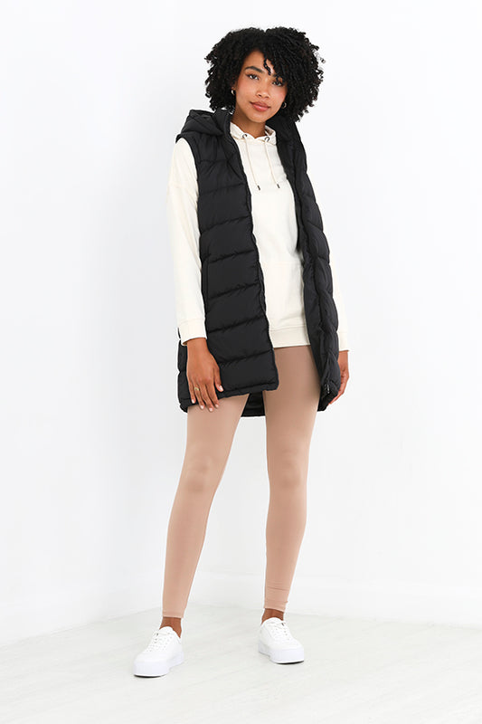 Black Plain Longline Hooded Recycled Puffer Gilet