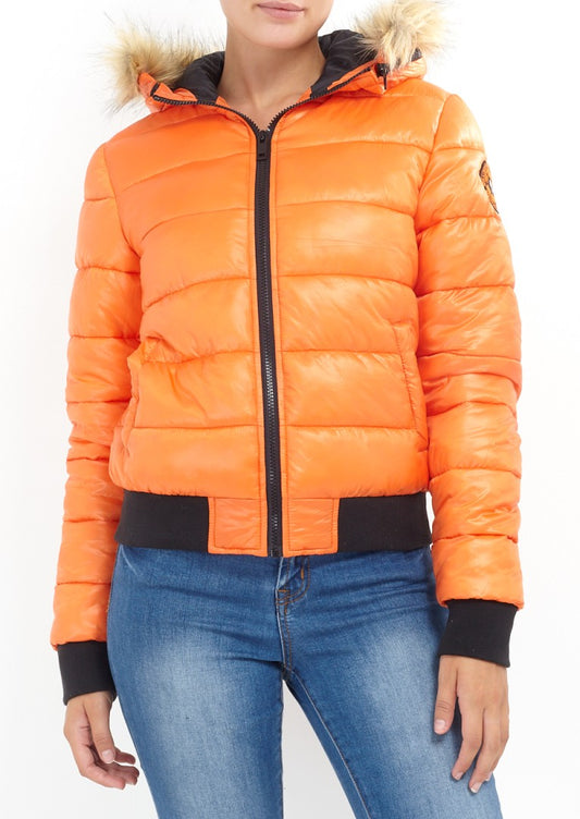 Hooded Faux Fur Trim Orange Puffer Jacket