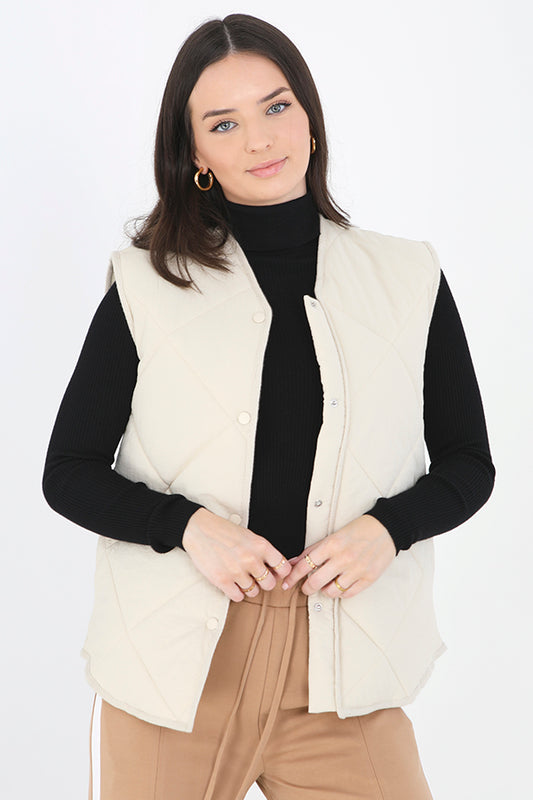 Cream Herringbone Binding Nylon Quilted Gilet