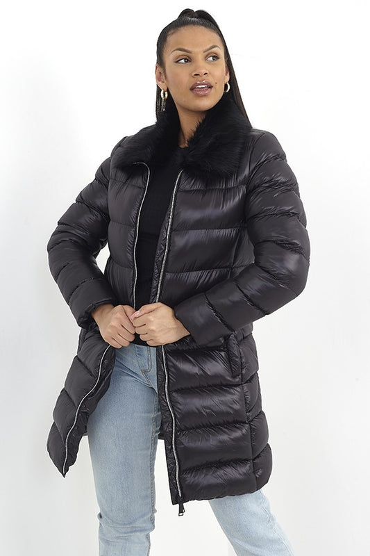 Black Shine Finish Longline Puffer Coat