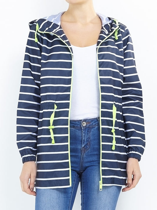 Hooded Neon Trim Striped Raincoat