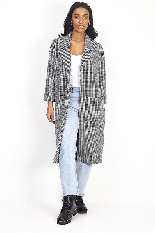Monochrome Check Print Long Duster Jacket