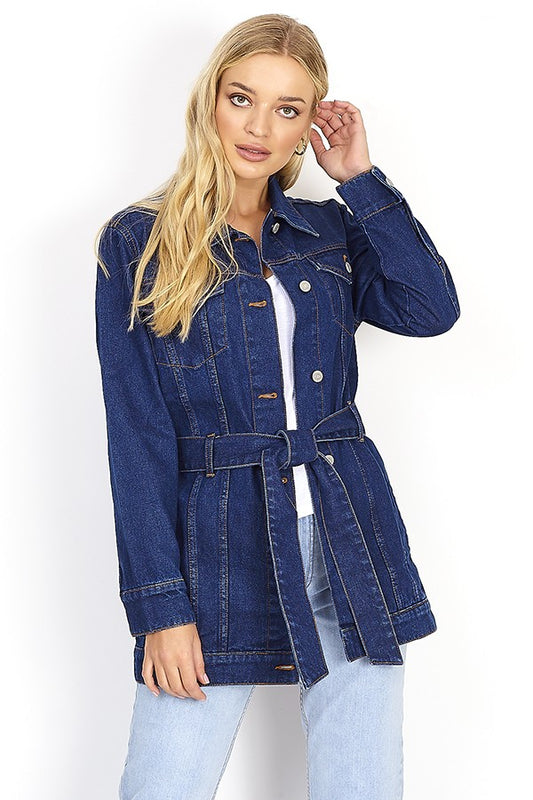 Mid Blue Longline Washed Belted Denim Jacket
