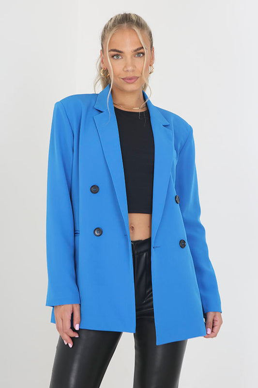 Blue Double Breasted Padded Shoulder Blazer