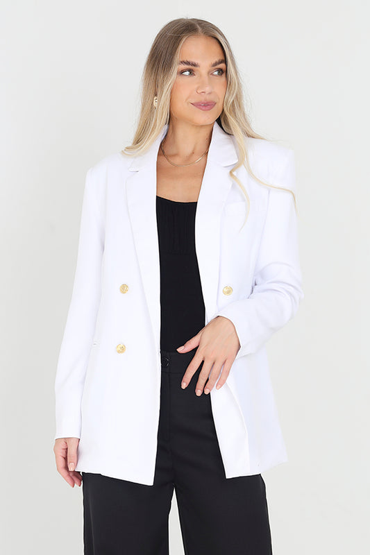 White Double Breasted Padded Shoulder Blazer