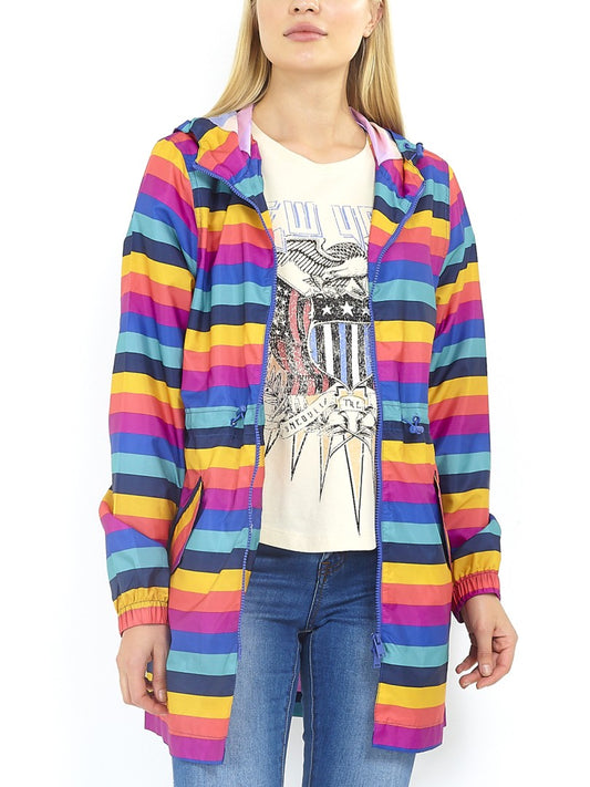 Rainbow Stripe Print Hooded Rain Coat
