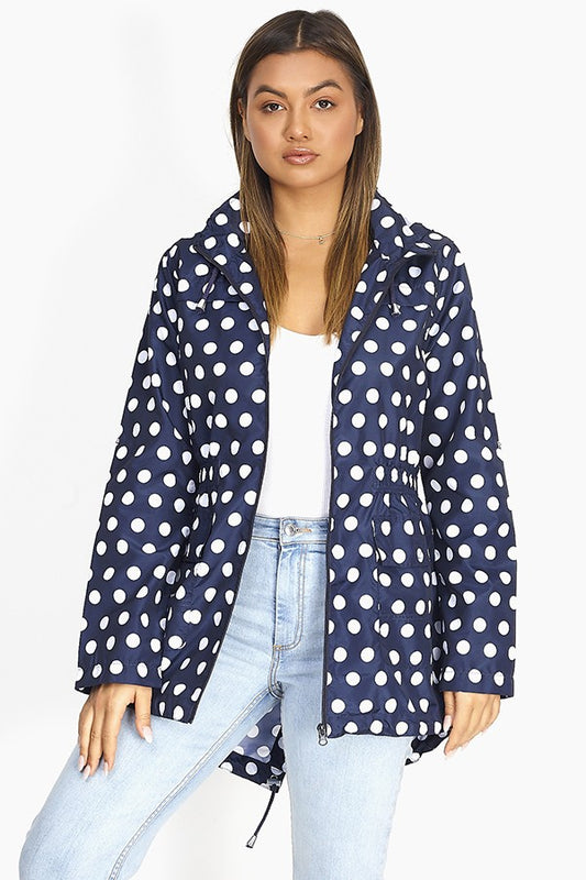 Navy Polka Dot Print Hooded Mac