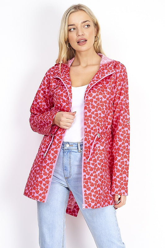 Pink Heart Print Lightweight Hooded Mac
