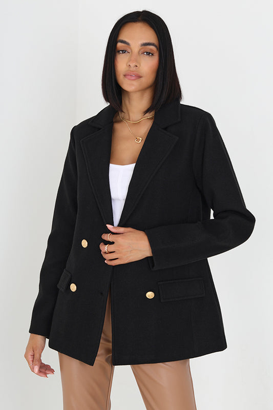 Black Faux Wool Double Breasted Military Style Blazer