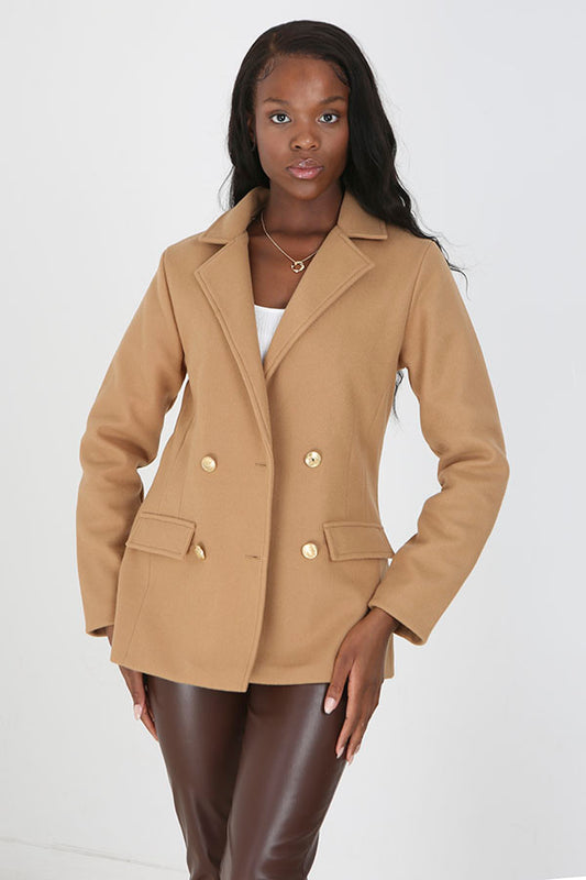 Camel Faux Wool Double Breasted Military Style Blazer