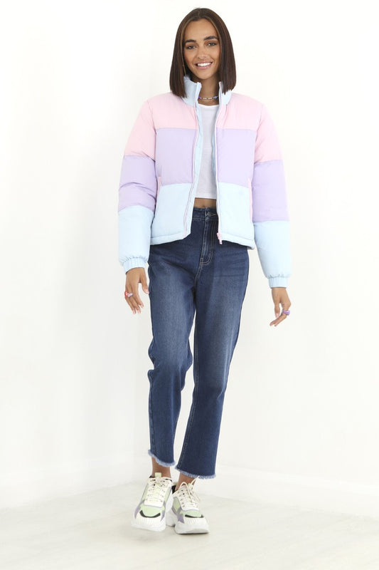 Pastel Colour Block Boxy Puffer Jacket