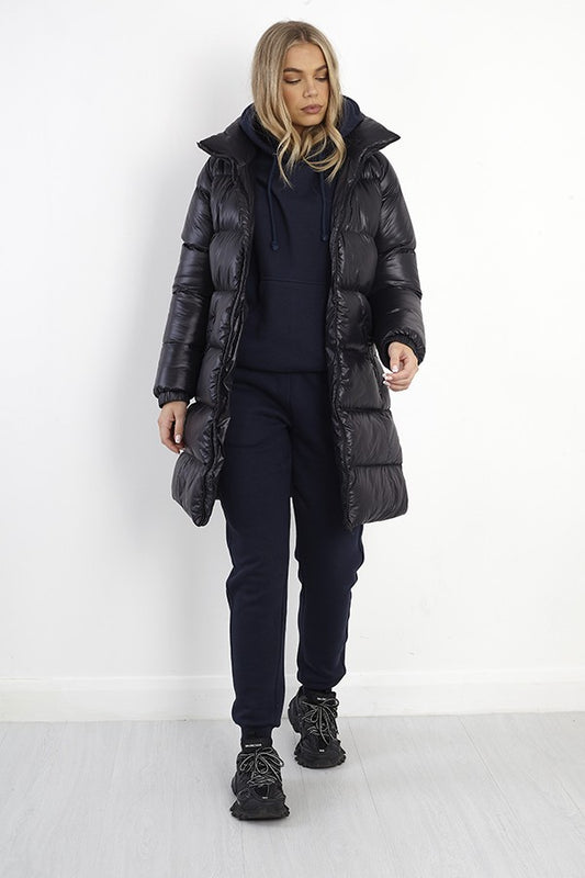 Black High Shine Longer Length Puffer Coat