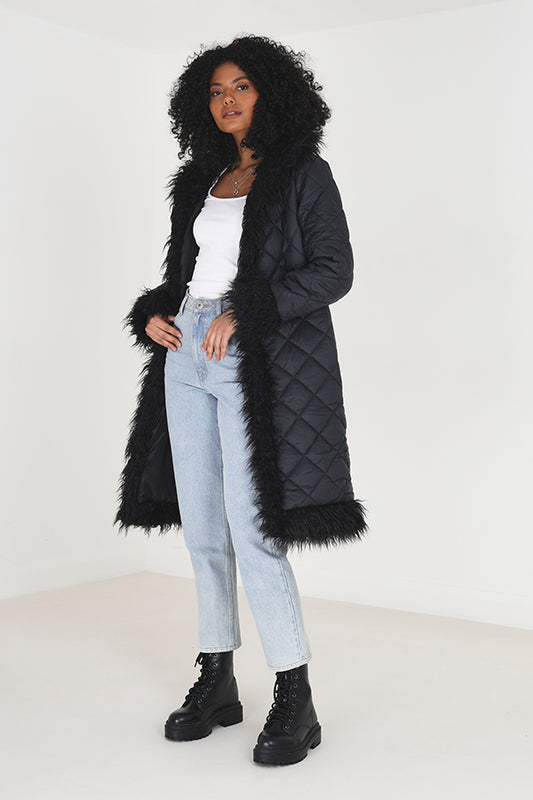 Maxi Quilted Coat With Mongolian Faux Fur