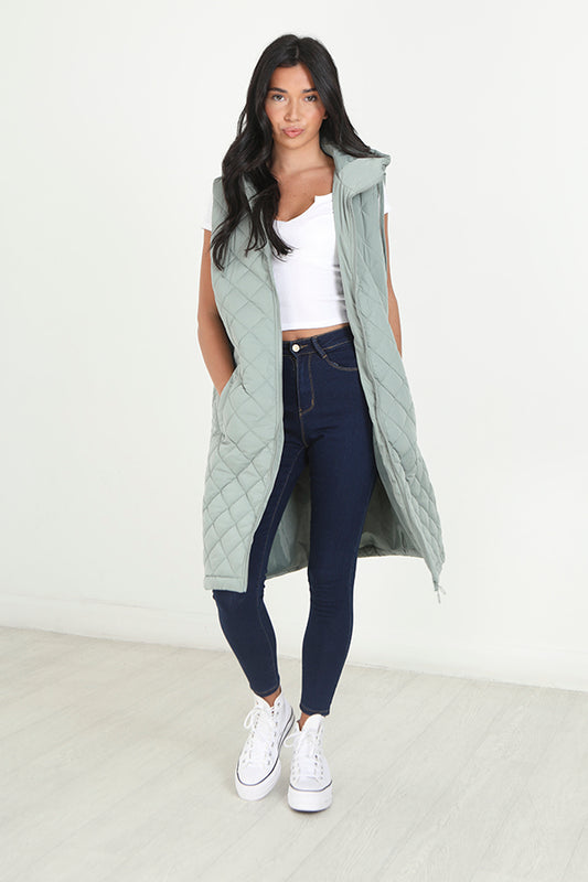 Sage Diamond Quilted Longline Hooded Gilet