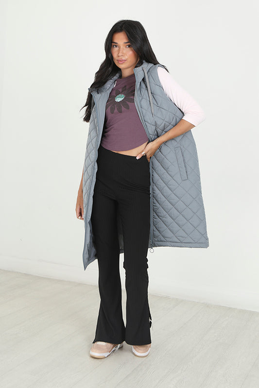 Dusky Blue Diamond Quilted Longline Hooded Gilet
