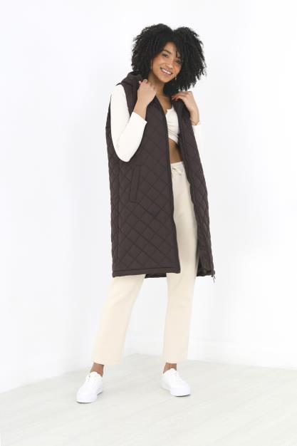 Dark Chocolate Diamond Quilted Long Hooded Gilet
