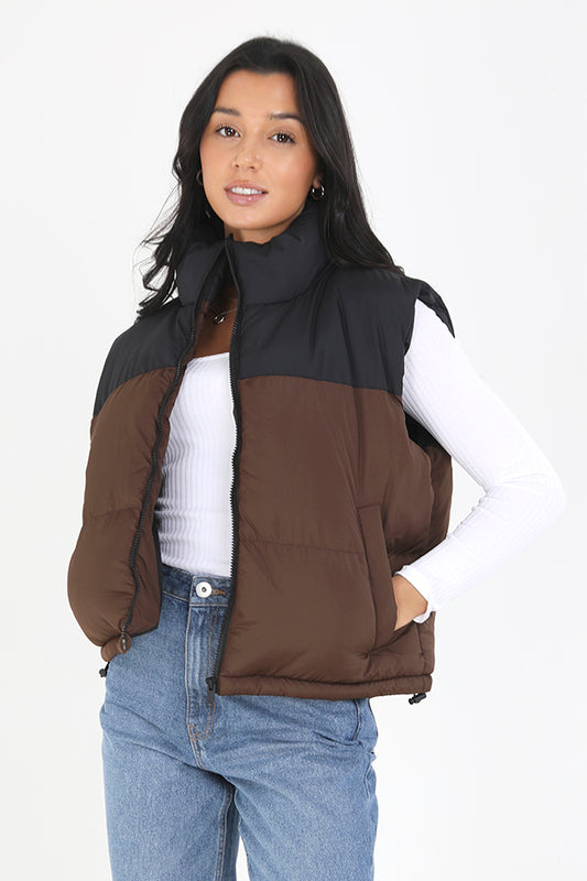 Chocolate/Black High Neck Colour Block Gilet