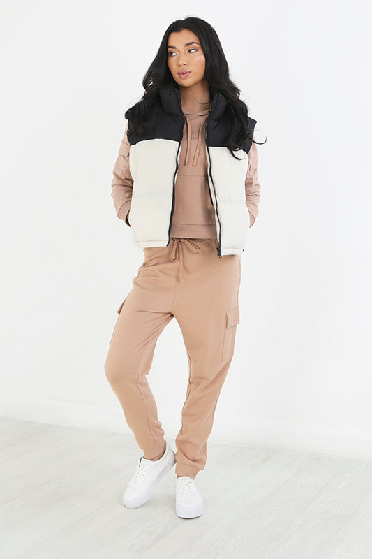 Stone/Black High Neck Colour Block Gilet