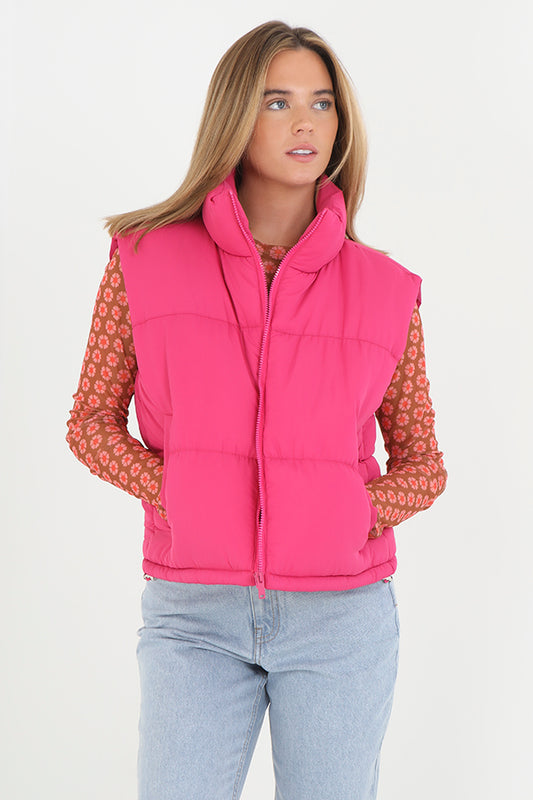 Plain Pink Zip Through Padded Puffer Gilet