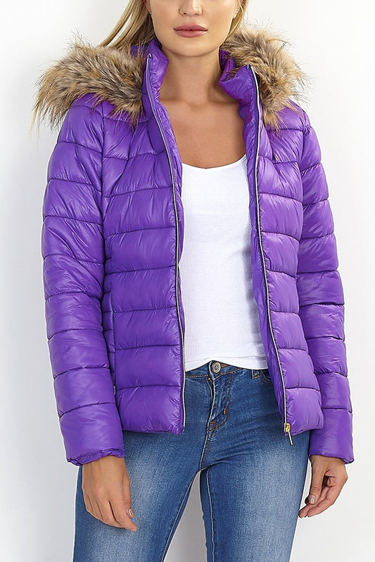 Faux Fur Hooded High Shine Padded Jacket