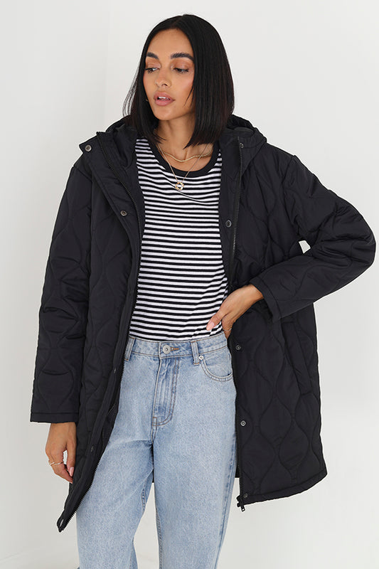 Black Longer Length Onion Quilted Hooded Jacket