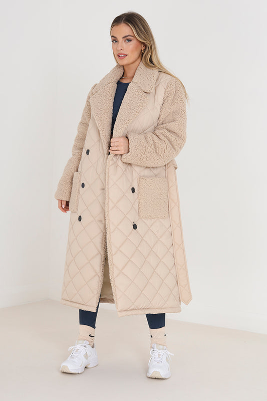 Diamon Quilt Maxi Coat With Borg Collar