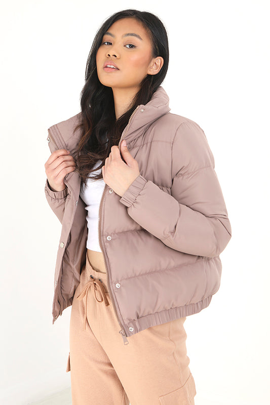 Taupe High Collar Snap Detail Puffer Jacket
