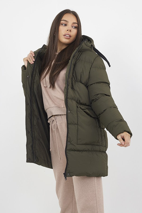 Khaki Oversized Longer Length Padded Hooded Jacket
