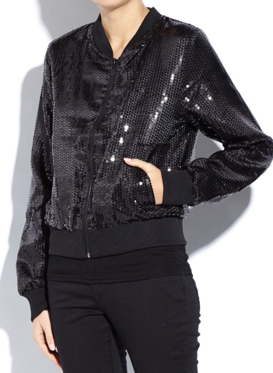 Black Sequin Satin Bomber Jacket