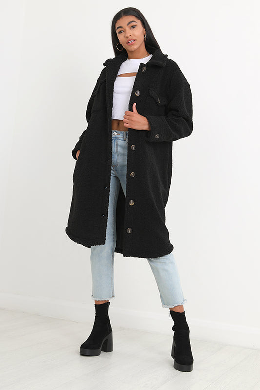 Black Longline Steam Curled Faux Fur Shacket