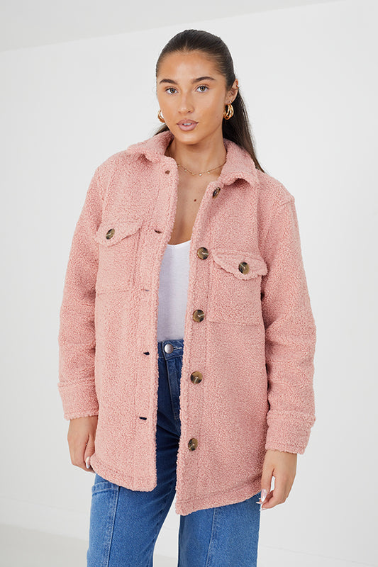 Overszed Shacket With Steasm Curled Faux Fur