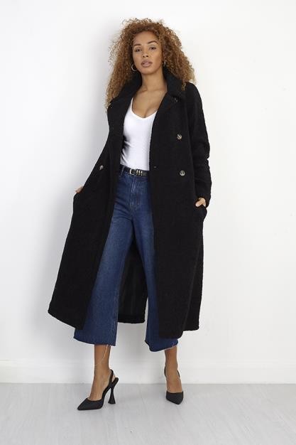 Black Maxi Length Steam Curled Faux Fur Coat