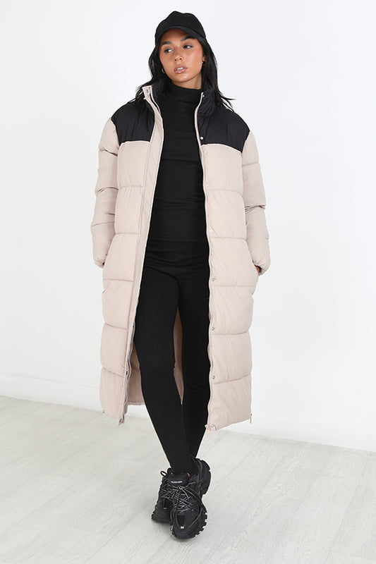 Stone Contrast Longline Padded Puffer Jacket