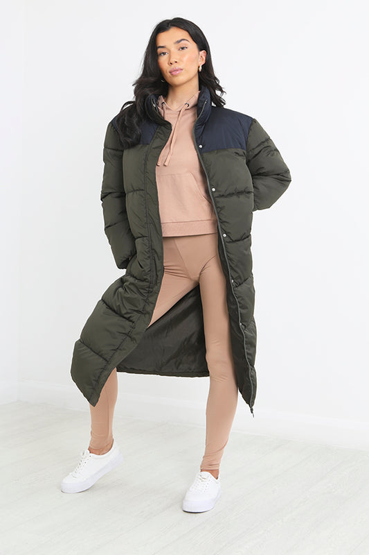 Khaki Contrast Longline Padded Puffer Jacket