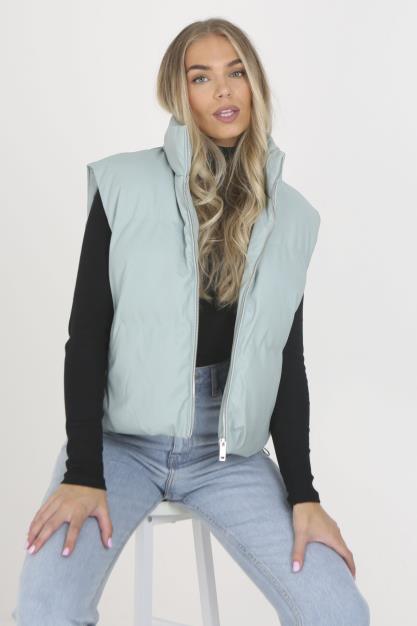 Sage Matte Faux Leather High Neck Puffer Gilet