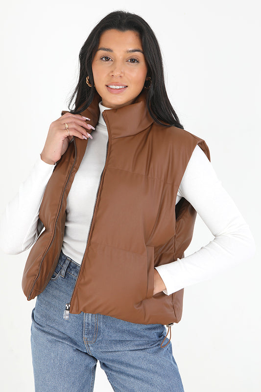 Tan Faux Leather High Neck Padded Puffer Jacket