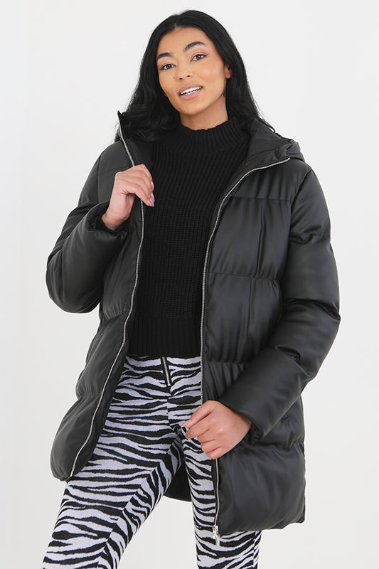 Matte Black Faux Leather Zip Through Hooded Jacket