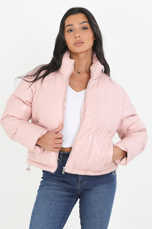 Pink Matte Faux Leather High Neck Padded Jacket