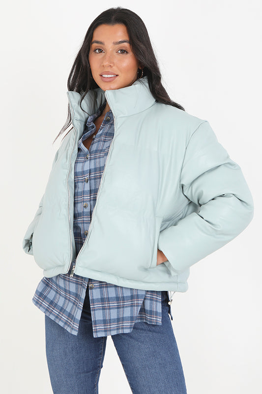 Sage Matte Faux Leather High Neck Padded Jacket