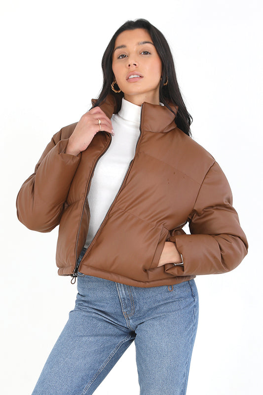 Tan Matte Faux Leather High Neck Padded Jacket
