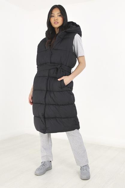 Maxi Length Belted Fixed Hood Padded Puffer Gilet