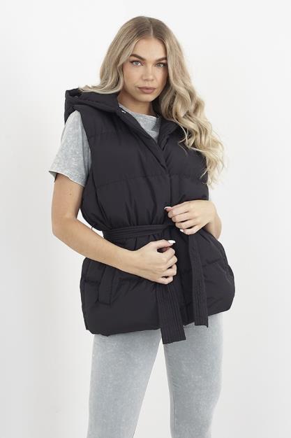 Black Plain Tie Belt Detail Hooded Padded Gilet
